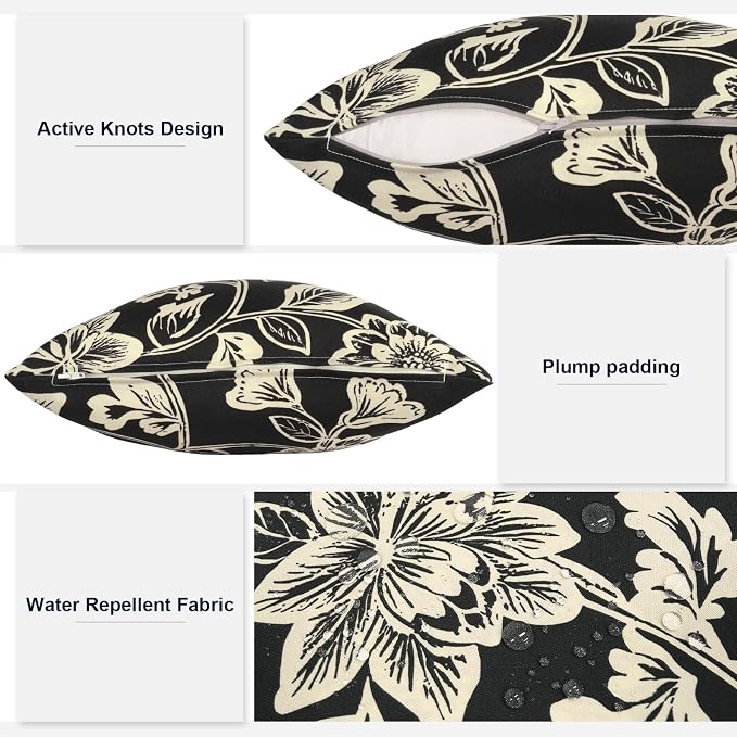 Outdoor 16x16 Inch Throw Pillows, Water Repellent Patio Pillows with Inners Set of 2 for Patio Furniture Home Graden, Elegant Vines Black