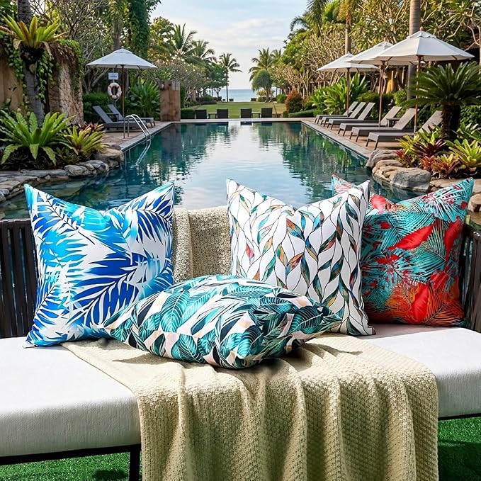 Outdoor Pillow Covers Tropical Leaves Waterproof Summer Throw Pillow Covers Decorative Blue Red Leaf Couch Covers 20x20 Set of 2 Square Cushion Cases for Patio Furniture Garden Tent Balcony Bench