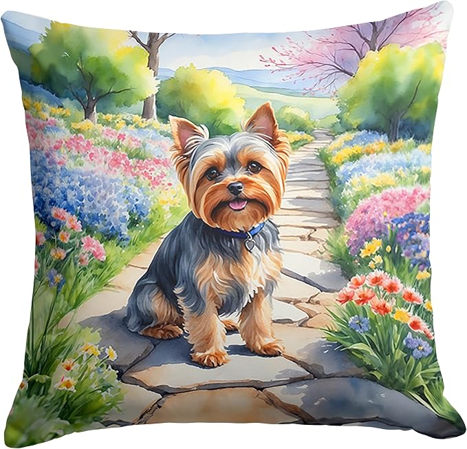 Caroline's Treasures Yorkshire Terrier Spring Path Throw Pillow Machine Washable, Indoor Outdoor Decorative Pillow for Couch, Bed or Patio, 18Hx18W