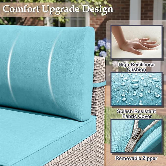 Patio Furniture Set, 8-Piece Outdoor Sectional Sofa with 60,000 BTU Fire Pit Table & 2-Layer Glass Coffee Table, Wicker Patio Conversation Set with Cyan Cushions