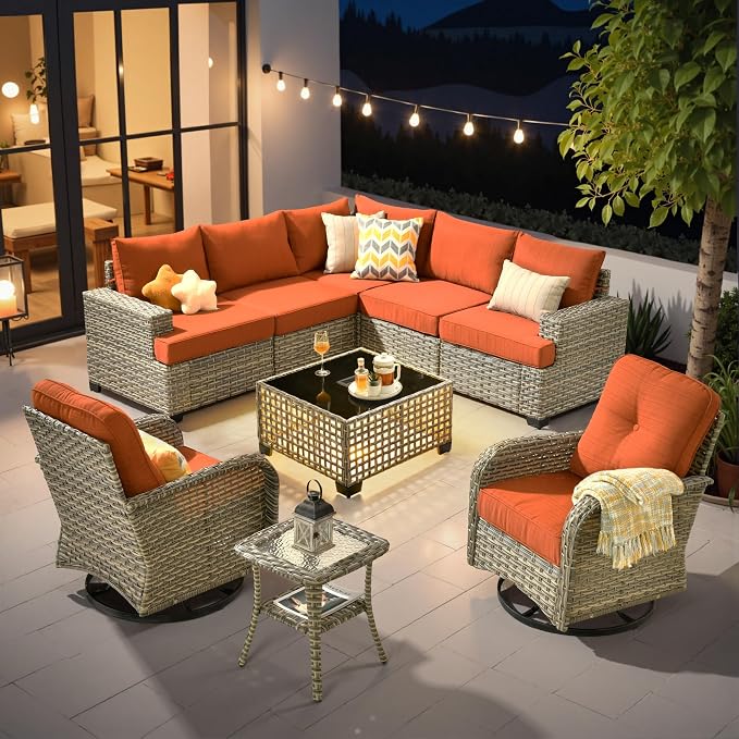 HOOOWOOO Sectional Patio Furniture Set with Swivel Chairs,9 Pieces Wicker Outdoor Furniture L Shaped Couch,Outside Conversation Set with Extra Deep Seat Sofa Wide Arm Solar Light Table,Brick Red