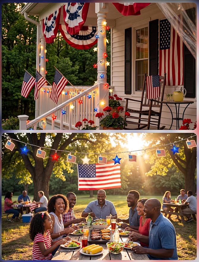 35 LED Red White Blue String Lights, 13.6FT 4th of July Decoration Lights with Patriotic Star & American flag Lights, Connectable Independence Day Lights for Window Home Patio Party Garden Decor