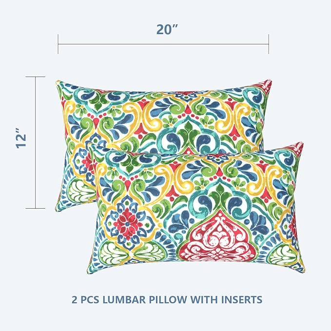 LVTXIII Set of 2 Patio Lumbar Pillows, 12" x 20" Fade Resistant Outdoor Lumbar Pillow with Inners, Fluffy Decorative Garden Lumbar Cushions for Home Patio Coach Sofa Use, Damask Red