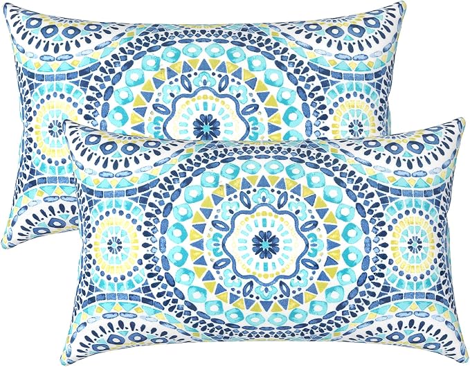 LVTXIII Outdoor/Indoor Lumbar Pillows, Decorative Patio Lumbar Cushions, Fluffy Water Repellent Garden Cushions for Home Patio Coach Sofa Use, 12×20 Inch, Pack of 2, Delancey Lagoon