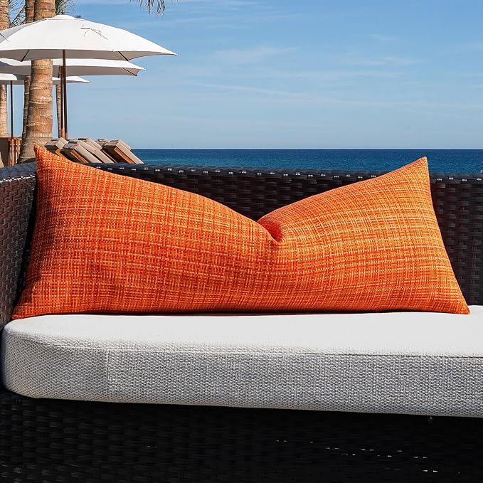 Kevin Textile Outdoor Waterproof 14"x36" Lumbar Pillow Cover 1 Pack Orange | Water Resistant, Faux Linen Yarn-dyed, Woven Texture Throw Pillow Covers for Tent Patio Garden Couch Sofa