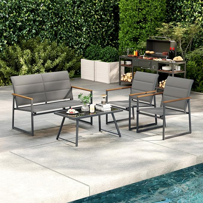 HAPPYGRILL 4-Piece Patio Furniture Set, Modern Sectional Sofa Set w/Fabric Seats, Wood-Plastic Armrests, Tempered Glass Coffee Table, Outdoor Conversation Set for Backyard Balcony Garden Porch (2)