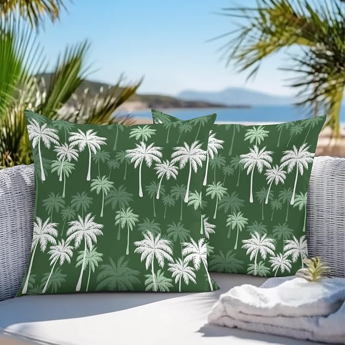 Throw Pillow Covers 24x24 Inch Set of 2, Tropical Palm Tree Waterproof Outdoor Pillow Covers, Green White Plants Coastal Leaf Beach Decorative Cushion Pillowcases for Couch, Sofa, Bed, Garden, Patio