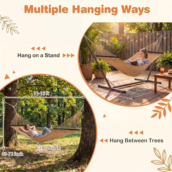 Happygrill 10.5FT Caribbean Double Hammock, Outdoor Portable Hammock with Spreader Bar, Soft-Spun Polyester Rope, 2 Person Hammocks for Outside, Camping & Patio, Max 600 lbs Capacity (Coffee)