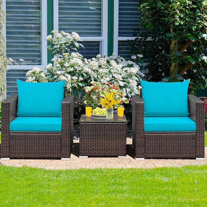HAPPYGRILL 3 Pieces Patio Furniture Set PE Rattan Wicker Sofa Set with Cushions and Coffee Table Outdoor Patio Conversation Set for Garden Poolside Balcony