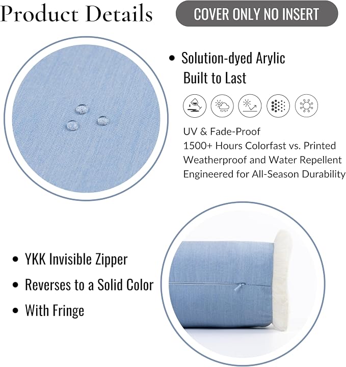 Hofdeco Premium Coastal Hampton Outdoor Performance Bolster Pillow Cover Only, 6"x20" Water Repellent, UV and Fade Resistant for Backyard, Couch, Poolside, Azure Blue Woven Solid