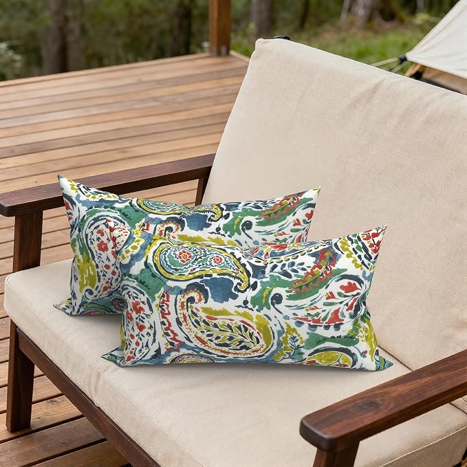 Outdoor Lumbar Pillows 12x20 Inch, Water Repellent Cushion Pillows, Outdoor Pillows with Inserts for Home Garden Pack of 2, Paradise Paisley