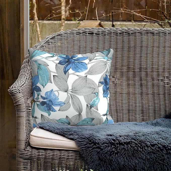 Outdoor Pillows for Patio Furniture 18x18 inch, Square Outdoor Throw Pillows with Inserts, Decorative Toss Pillows for Garden Couch Home Sofa Office Chair, Pack of 2, Clemens Noir Blue