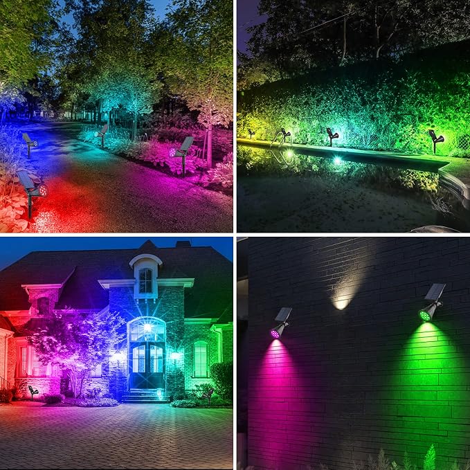 T-SUN Color Changing Solar Spot Lights Outdoor Waterproof, 7 LEDs, 4 Pack | 7 Color Changing Modes, IP65 Waterproof Dusk to Dawn Solar Uplights for Tree, Patio, Yard, Garden, Driveway, Pool Area
