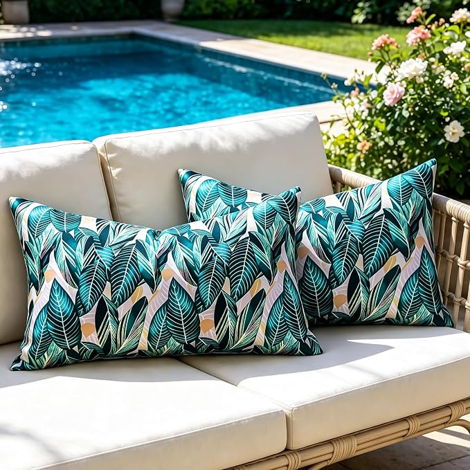 Decorative Waterproof Lumbar Pillow Covers Green Tropical Leaf Outdoor Throw Pillow Covers Summer Accent Couch Covers Garden Cushion Cases 12x20 Set of 2 for Patio Tent Bench Balcony Furniture Sofa