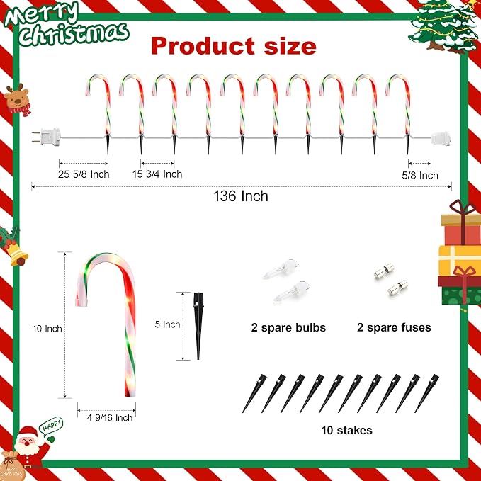 VCOKEN 10'' Christmas Candy Cane Lights Outdoor Pathway, Set of 10 Christmas Candy Cane Markers Waterproof, Light Up Xmas Decoration with Stakes for Holiday Party Yard Art Indoor Outdoor
