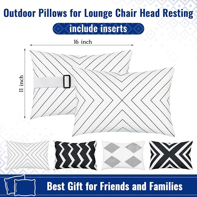 Juexica 4 Pcs Black & White Chaise Lounge Headrest Pillow, 16 x 11'', Stripe Decorative Outdoor Patio Neck Headrest Pillow, Adjustable Elastic Strap, Waterproof for Pool Recliner Hammock Beach Chair
