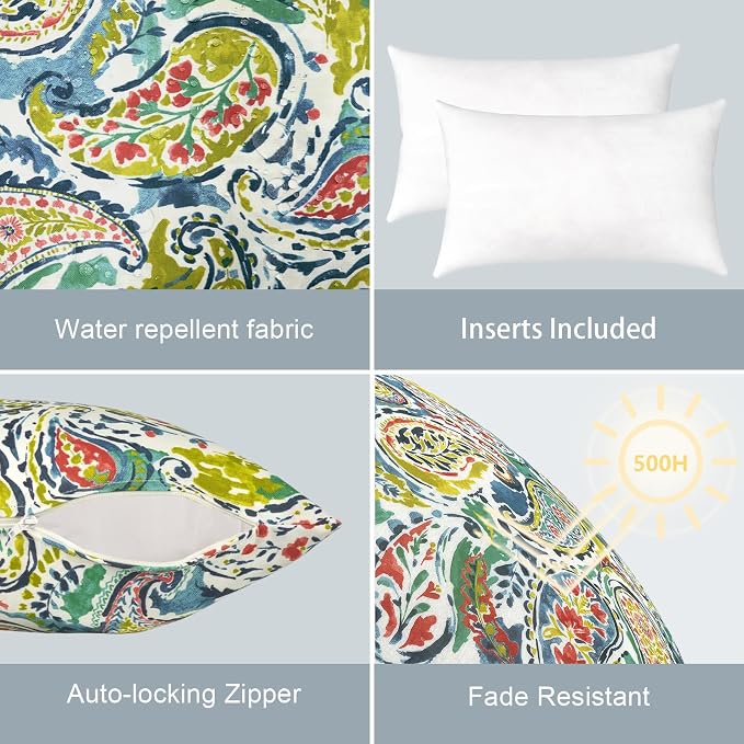 LVTLVTXIII 12×20 Inch Outdoor Lumbar Pillows, Pack of 2 Water Repellent Lumbar Pillow with Inserts, Fluffy Decorative Garden Lumbar Cushions for Home Patio Coach Sofa Use, Paradise Paisley