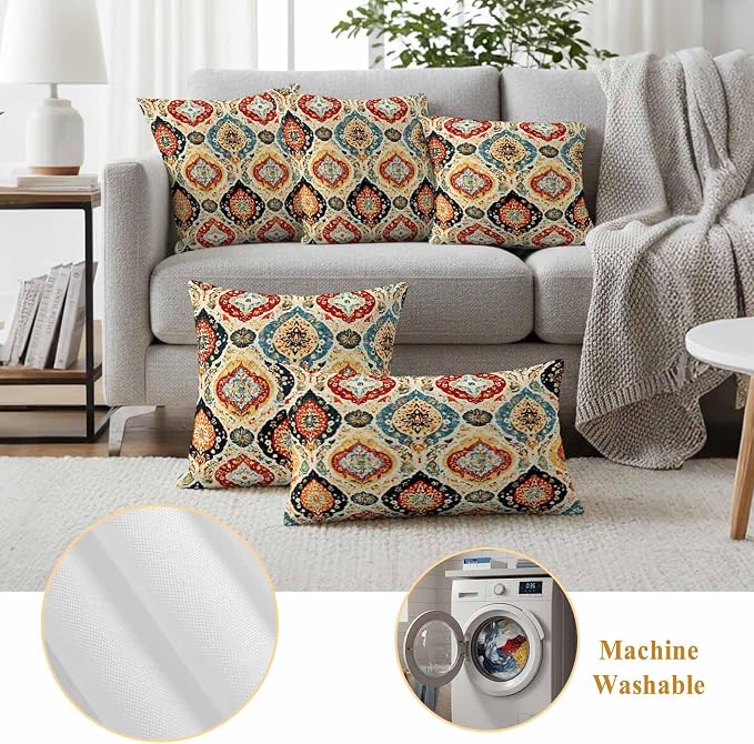 Bohemian Floral Outdoor Pillow Covers 26"x26" Set of 2, Abstract Moroccan Ethic Tribal Colored Floral Waterproof Throw Pillow Covers for Patio Furniture, Decorative Cushion Covers for Porch