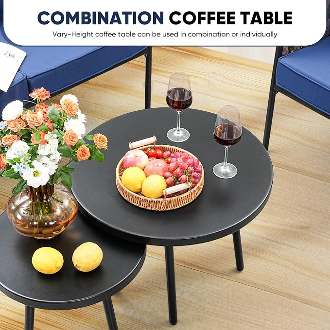 JOYURE 5 Pieces Patio Furniture Set,Outdoor Conversation Set with 2 Round Side Tables,Modern Metal Outdoor Couch with Waterproof Cushions for Backyard,Porch,Navy