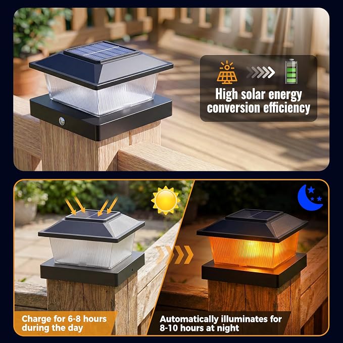 btfarm 4x4 Solar Flame Post Cap Lights Outdoor, 4 Pack Flickering Flame Fence Deck Post Lights, Waterproof Solar Powered Lighting Outside Fit 4x4 3.5x3.5 Wooden/Vinyl for Porch Patio Garden, Black Cap