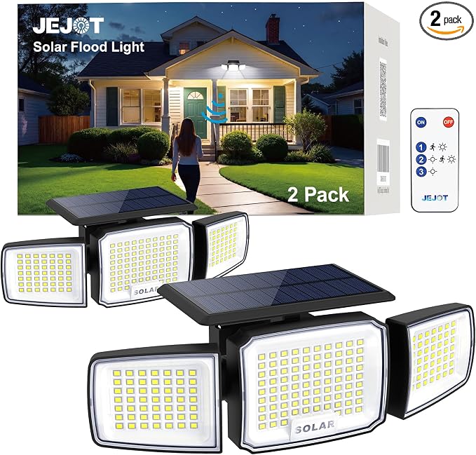 JEJOT Solar Security Light Outdoor,Solar Flood Light with Active Motion Sensor,3 Heads 270° Wide Angle,Remote Control,IP65 Waterproof, 3 Modes (2 Packs)