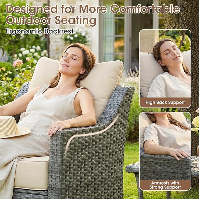 5 Piece Patio Furniture Set, Grey Wicker Outdoor Conversation Set with 2 Swivel Rocker Chairs, Sofa and 2 Ottomans, 6-Inch Thick Cushions, Beige Olefin Covers for Patio and Porch