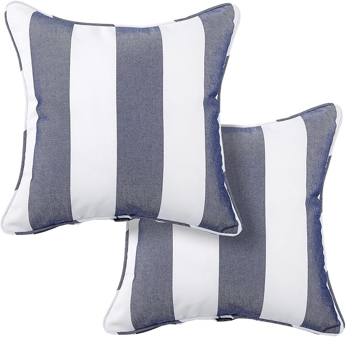 Outdoor Throw Pillow with Insert 18x18 Inch, Set of 2, Piping Edge Waterproof Fade Resistant Decorative Fluffy Pillows for Patio Furniture Chair Bench Couch Sofa - Navy White Striped