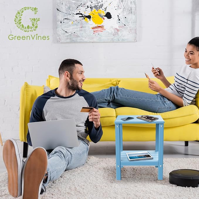 GREENVINES Adirondack-Outdoor-Side-Table | 14 x 13 Inches | HDPE Plastic | All Weather | Arctic | Outside End Tables | Storage Shelf | for Patio Porch Backyard Indoor