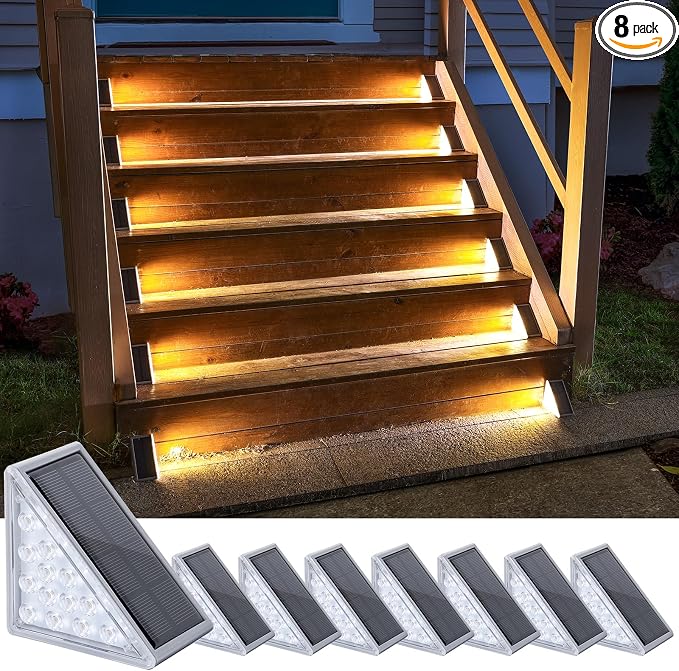 Solar Step Lights 8 Pack - Outdoor Stair Lights with 3000K Warm White & 6000K Cool Daylight, IP67 Waterproof, Auto On/Off, Super Bright for Deck, Patio, Steps