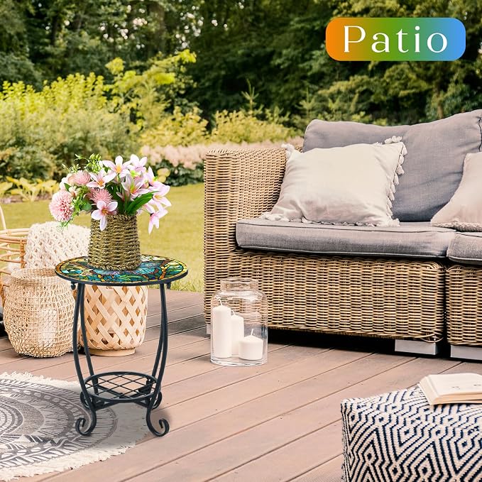 Cinnvoice Outdoor Side Table Round Small Mosaic Patio Accent Indoor End Plant Coffee Tea Table for Yard Patio Porch Garden Living Room, Bedroom(Butterfly Style,12 Inch)