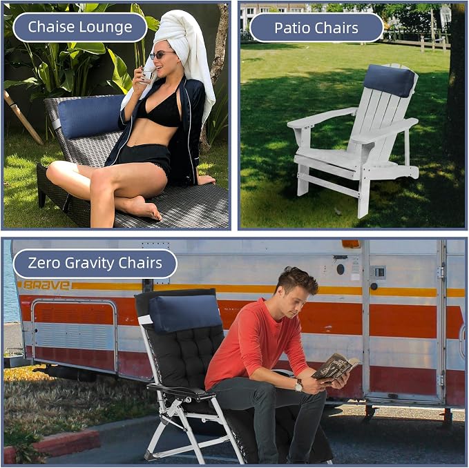 Outdoor Pillow for Chaise Lounge Chair, 4 Pack Chaise Lounge Pillows Water Resistant Head Support Pillow with Adjustable Strap for Patio Garden Pool Beach Chairs, Navy