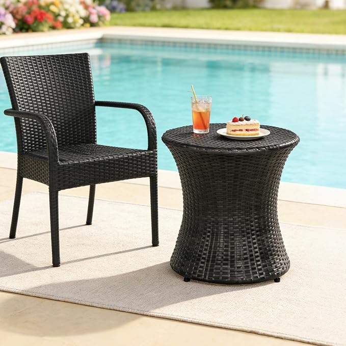 Sundale Outdoor Small Side Table Patio Rattan End Table 20 Inch Hourglass Wicker Accent Tables Steel Frame Lightweight Black