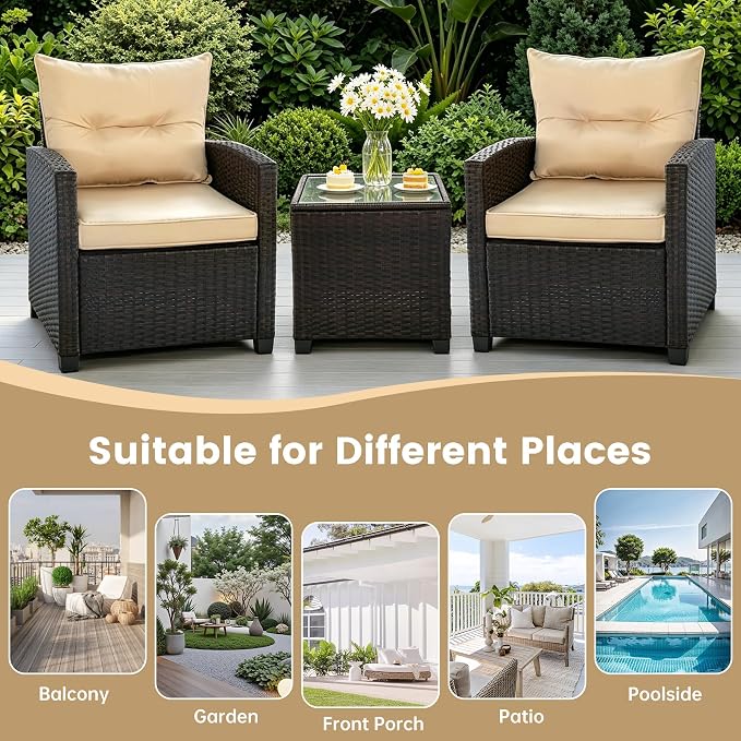 SHGJ&SOFT 3 Pieces Patio Furniture Set, Outdoor Conversation Set with Cushions, PE Rattan Wicker Bistro Set and Tempered Glass Tabletop, Outdoor Rattan Sofa for Poolside,Porch,Balcony (Beige)