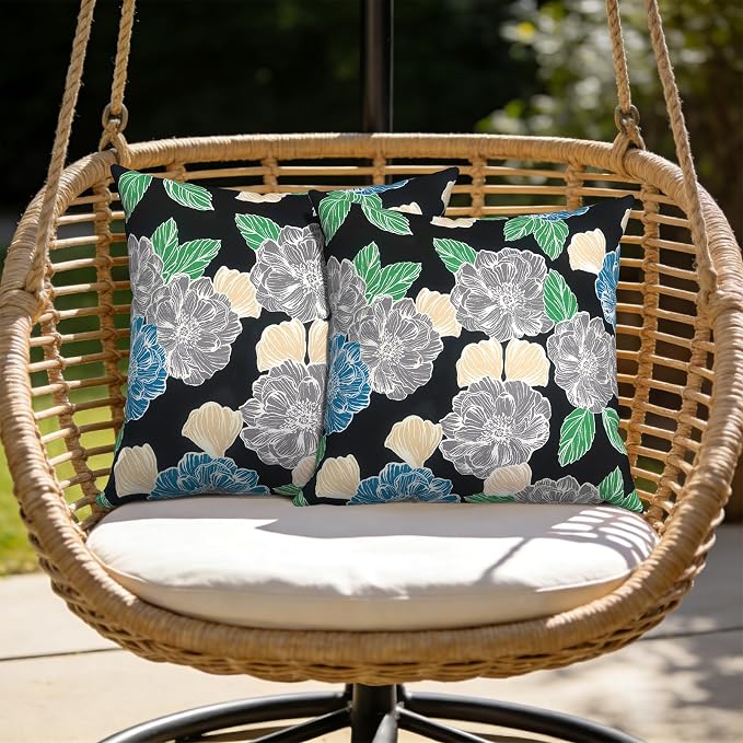 Outdoor Pillows with Insert 20x20 Inch, Waterproof Throw Pillow for Patio Furniture, Decorative Back Cushion for Garden Home Sofa Office Chair, Set of 2, Peony Garden