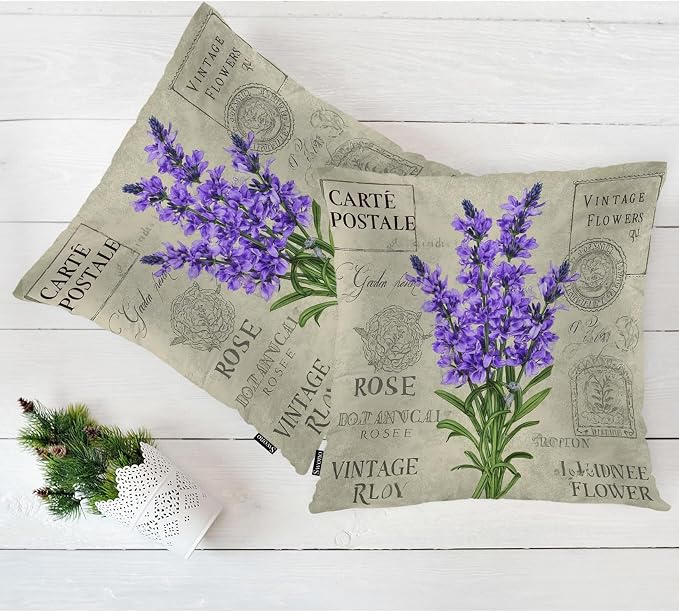 Swono Lavender Throws Pillows Covers for Couch, Violet Lavender Flowers Stamp Decorative Pillow Cases for Men Women, Purple Comfortable Pillow Cushion Cover Pack of 2 18"X18" for Home Sofa Bed