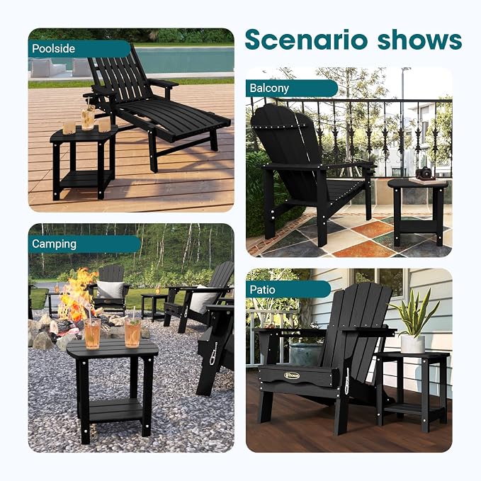 THOEOE Adirondack Outdoor Side Table, 2-Tier Sturdy Patio End Table Weather Resistant, Morden Side Table for Patio, Pool, Porch, Black