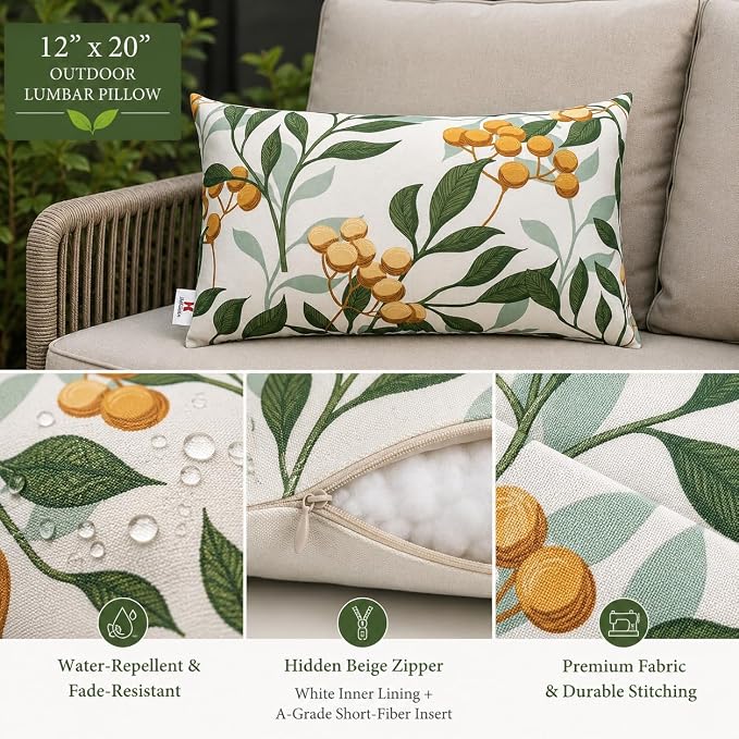 Outdoor Lumbar Pillows 12x20, 2 Pack with Inserts, Botanical | 2-Pack 12x20 Outdoor Lumbar Pillows with Inserts, Water-Repellent Covers, Hidden Zippers, Plump Comfort for Patio & Sofa