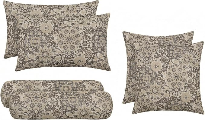 RSH DECOR: 6-Pack Pillow Set | Outdura Performance Fabric |Water & Fade-Resistant| 17" Square, 20"x12" Lumbar, 20"x6" Neck Roll | Outdoor Pillows for Patio Furniture | Made in USA (Marrakech Espresso)