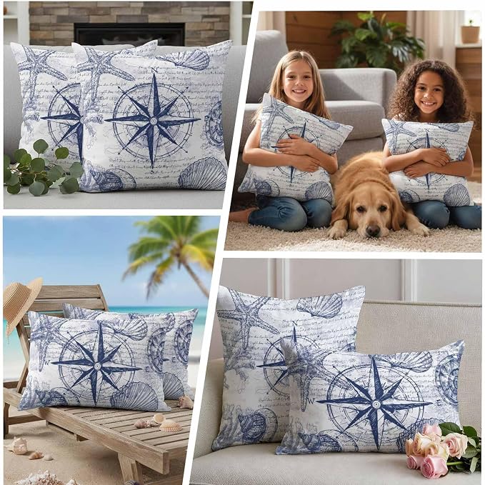 Vintage Nautical Outdoor Waterproof Throw Pillow Covers Set of 2, 26"x26", Summer Navy Blue Compass Shell Starfish Map Decorative Pillow Covers Outside Cushion Case for Patio Porch Garden