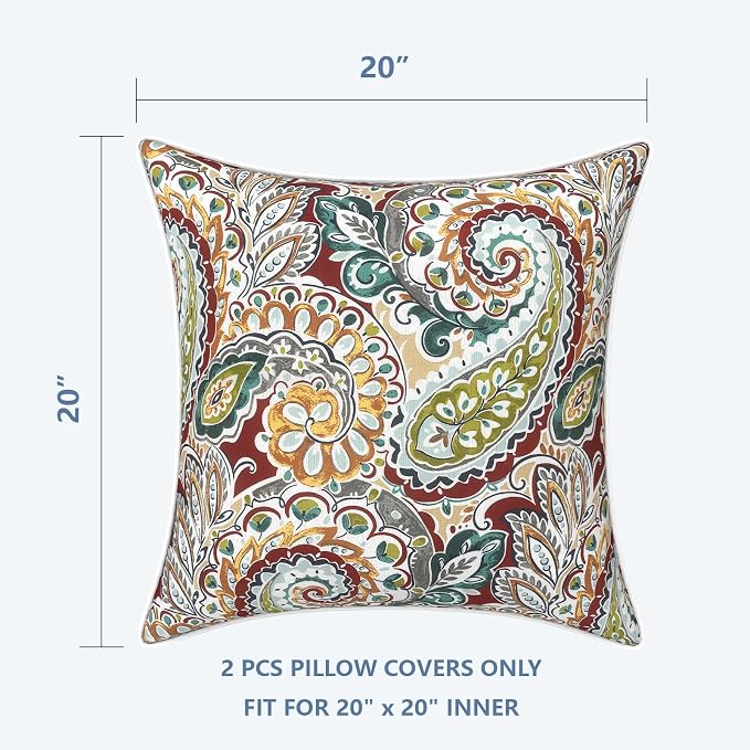 LVTXIII Outdoor/Indoor Pillow Covers, Patio Fade Resistant Throw Pillow Covers ONLY, Waterproof Farmhouse Accent Cushion Cases for Sofa Patio Couch Decoration 20"x20" Set of 2, Paisley Chilli