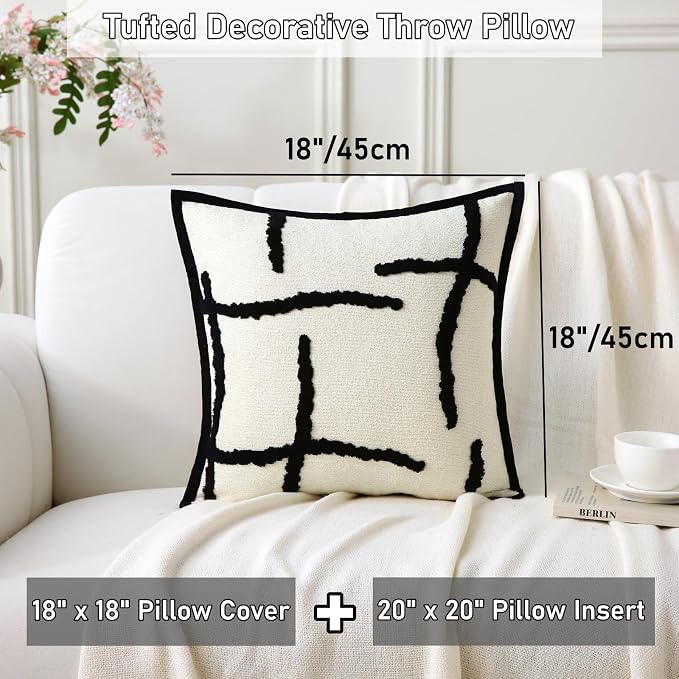 Decorative Throw Pillows with Inserts 2 Pack 18" x 18" Boho Soft Tufted Modern Chenille Pillow for Home, Patio, Couch, Bedroom, Living Room (Black Lines)