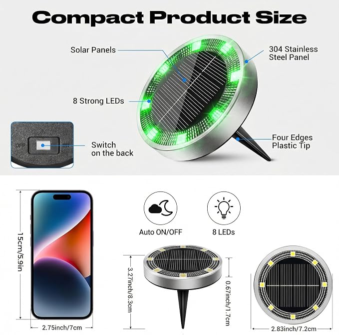 Peasur Mini Solar Ground Lights Outdoor, 4 Pack Flat Solar Powered Disc Lights, IP68 Waterproof, Anti-Rust, Landscape Lighting for Pathway Garden Yard Lawn Walkway Landscape Driveway, Green