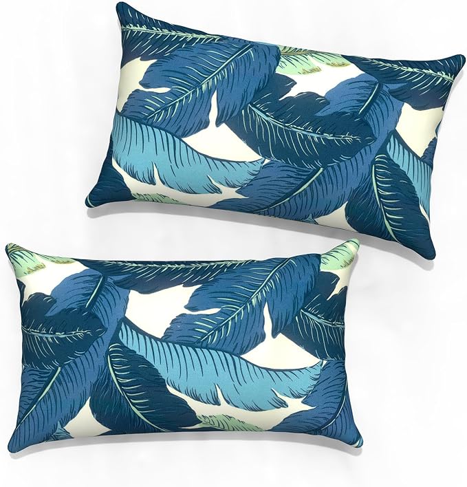 Outdoor Lumbar Pillow Covers 12”x20”, Rectangle Throw Pillow Covers for Patio Furniture, Decorative Lumbar Cushion Case for Garden Balcony Couch Office Chair, Pack of 2, Swaying Palms Blue