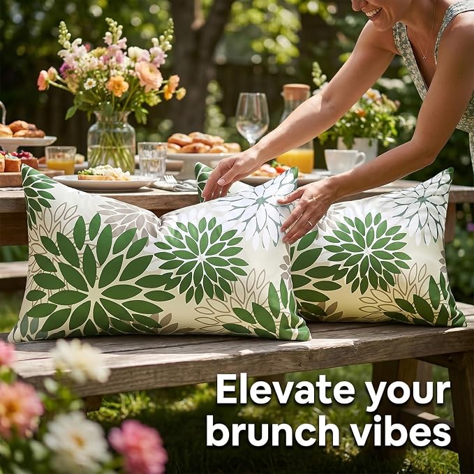 Dahlia Flowers Throw Pillow Covers 12×20 Inches Pack of 2 Outdoor Waterproof Pillow Case Green and Grey Decorative Cushion Covers With Invisible Zipper for Patio Furniture Sofa Garden Living Room