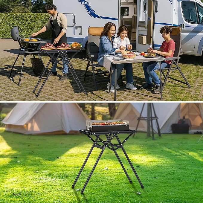GARLLEN Folding Grill Table Max Capacity 180 lbs, 3 Adjustable Height Camping Table with Heat-Resistant Tabletop, Aluminum Picnic Table with Stable Structure for BBQ, Camping, Outdoor, 23.6"L x 15.7"W