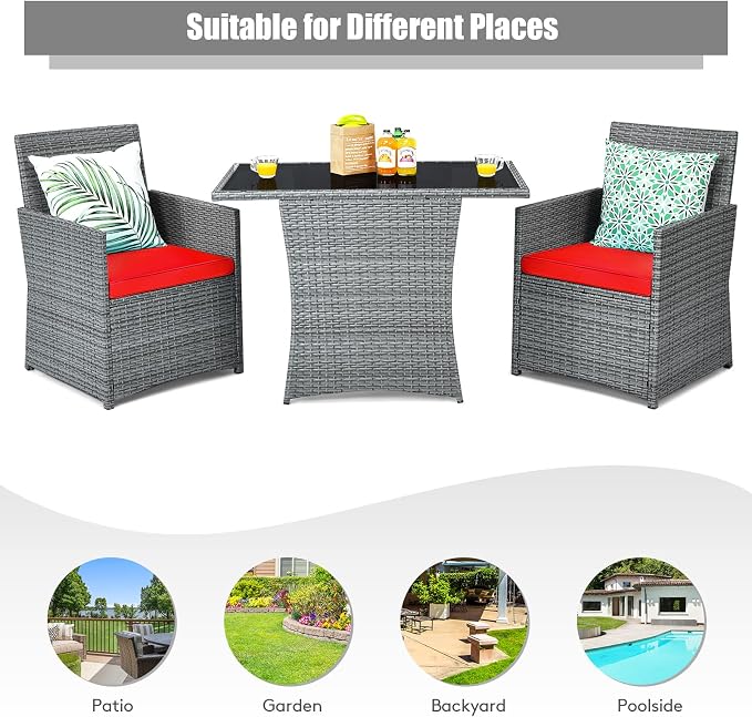 RELAX4LIFE 3-Piece Outdoor Furniture Set - All-Weather Wicker Rattan Patio Dining Set w/Tempered Glass Coffee Table & Cushions, Modern Bistro Conversation Set for Yard Balcony (Red)
