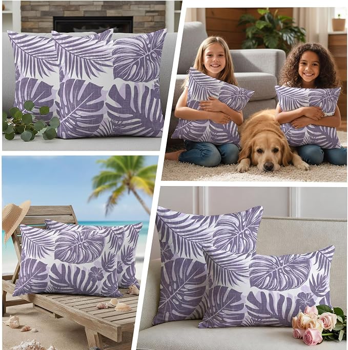 Purple Palm Leaves Outdoor Pillow Covers 20"x20" Set of 2, Tropical Botanical Minimalist Modern Waterproof Throw Pillow Covers for Patio Furniture, Decorative Cushion Covers for Porch