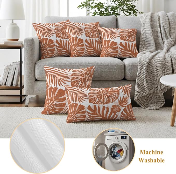 Burnt Orange Palm Leaves Outdoor Pillow Covers 20"x12" Set of 2, Tropical Botanical Minimalist Modern Waterproof Throw Pillow Covers for Patio Furniture, Decorative Cushion Covers for Porch