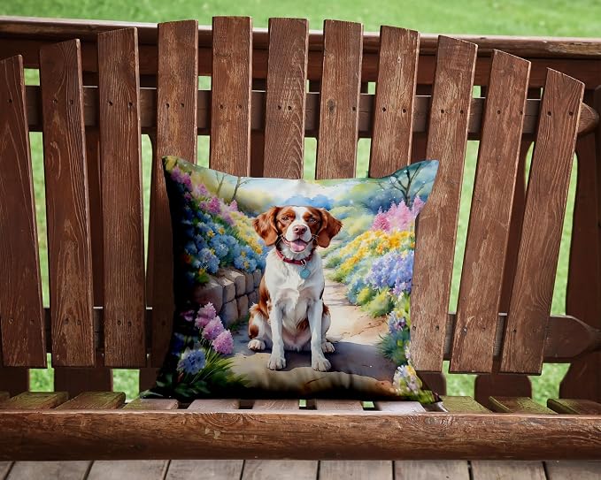 Caroline's Treasures Brittany Spaniel Spring Path Throw Pillow Machine Washable, Indoor Outdoor Decorative Pillow for Couch, Bed or Patio, 14Hx14W
