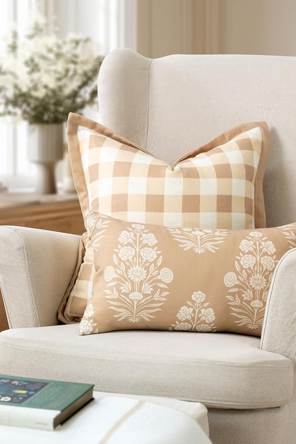 Modern Farmhouse California Casual Indoor Outdoor Throw Pillow Cover, 22"x22" Water Repellent for Patio, Backyard, Couch, Poolside, Ivory Cream Tan Print Gingham